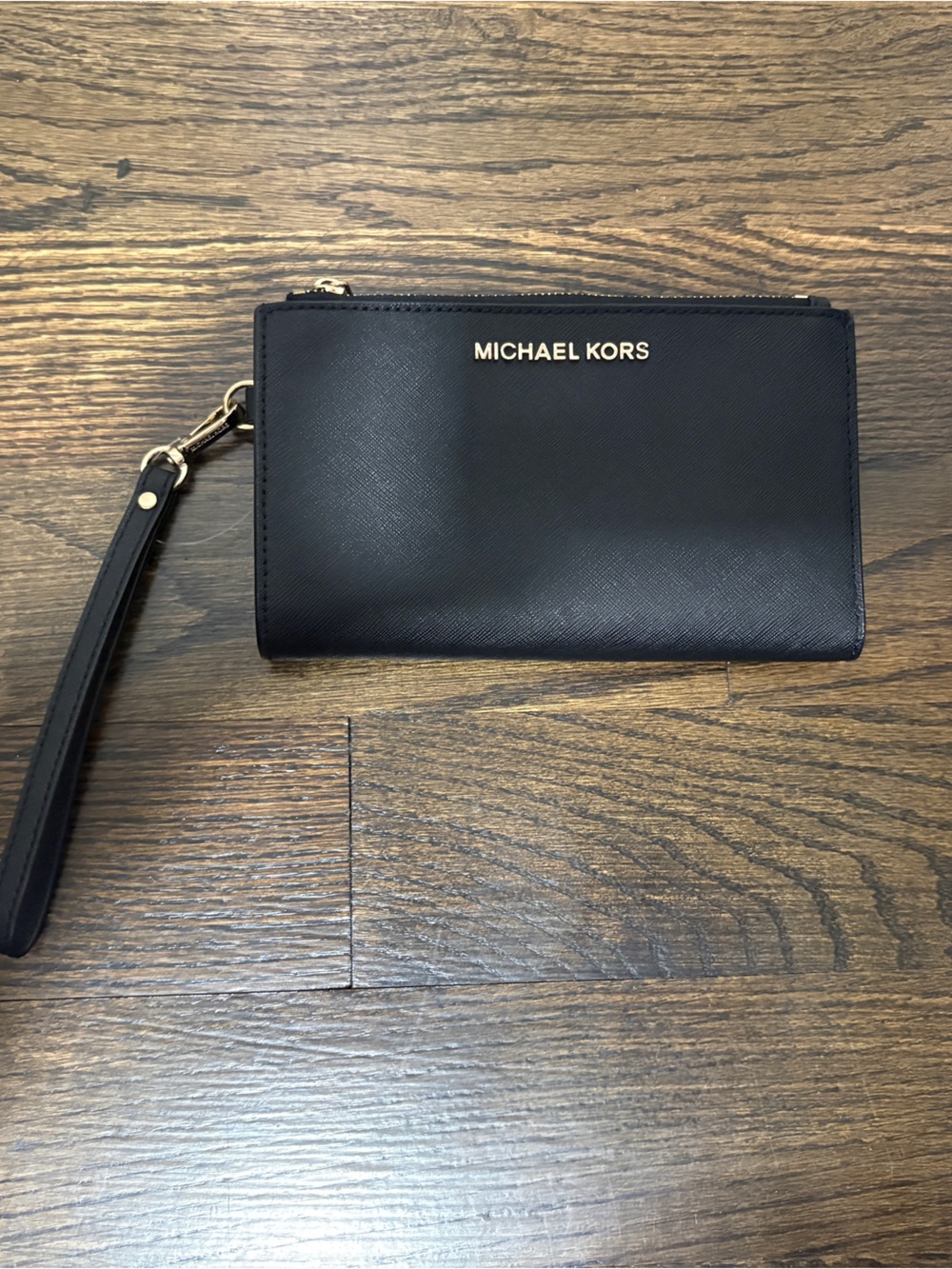 Michael Kors Black Saffiano Leather Wristlet with Gold Logo